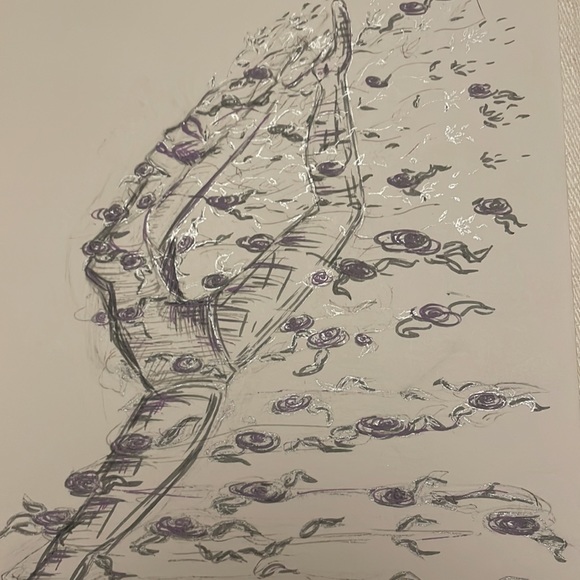 Unframed Original Art Dance Illustration Motion w Flowers Drawing in Ink - Picture 3 of 4